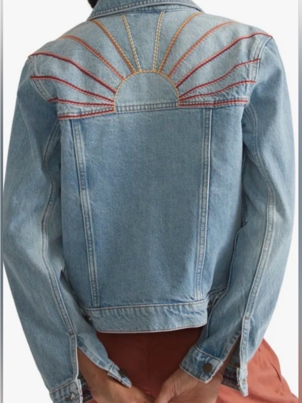 Marine Layer Light Blue Denim Jacket with Sunburst Embroidery | Size Large